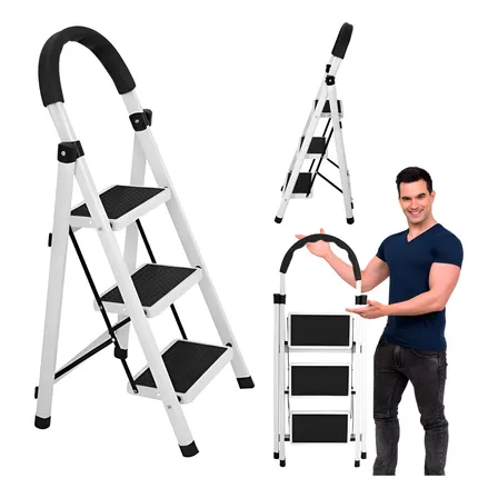 Escalera De Acero Inoxidable Tipo Tijera Plegable 3 Peldaños Color Blanco/negro