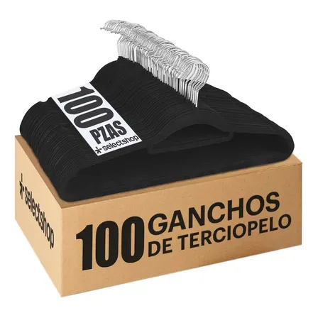 Set 100 Ganchos Perchas Terciopelo Para Ropa Alta Calidad Negro