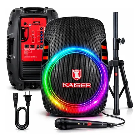 Bocina Kaiser 15  Pulgadas Con Tripié Y Micrófono Incluido Bafle Bluetooth Recargable Para Fiestas De Alta Potencia Kse-1015mx Negro