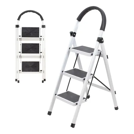 Escalera Acero Tijera Tubular 3 Peldaños Plegable Portátil Blanco