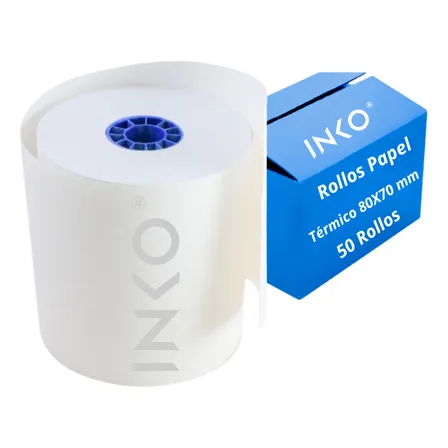50 Rollos Papel Térmico 80×70 Mm Impresora 80mm Blanco Inko
