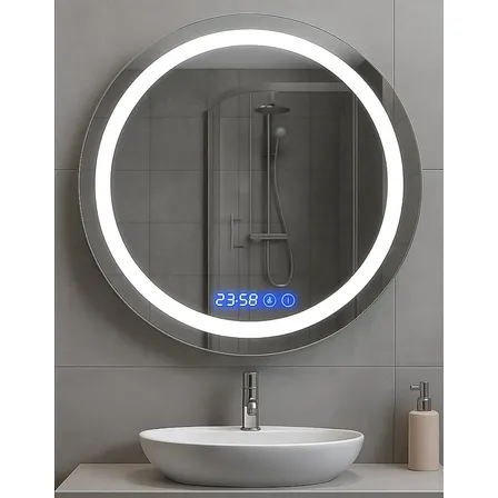 Espejo Luz Led De Pared Tocador Baño Touch Cambio 3 Luces Redondo Con Reloj