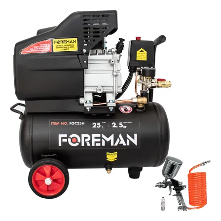 Compresor De Aire Eléctrico Portátil 25l 2.5hp Foreman Fo25l Accesorios Manguera Pistola Y Conector Negro