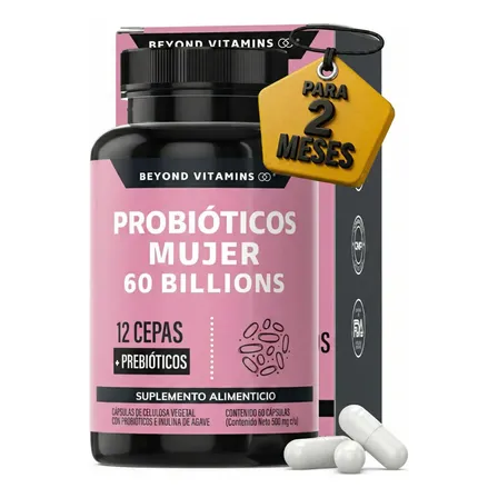Probióticos Mujer 60 Billion + Prebióticos (prebiotic) + Inulina De Agave 12 Cepas Beyond Vitamins – Probióticos Femeninos – Probióticos Vaginales Flora – Candida Cleanse Fibra – 60 Cápsulas Sin Sabor