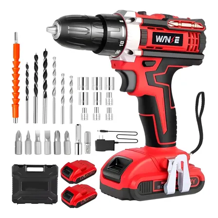 Kit Desatornillardor Electrico Taladro Inalámbrico 2 Batería Wanse Rojo